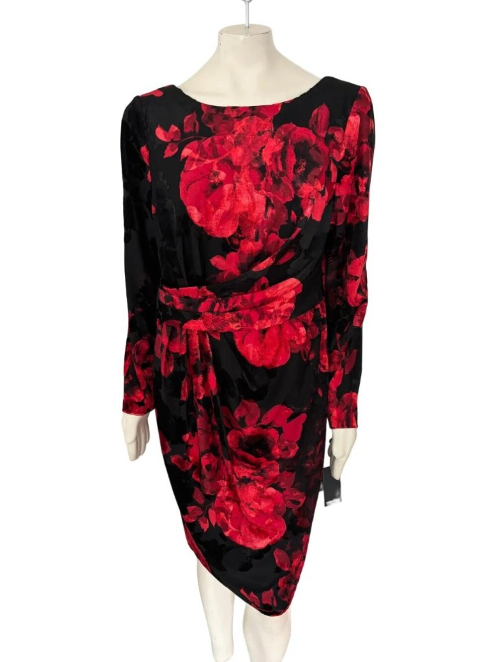 NWT ADRIANNA PAPELL Burnout Velvet Drape Front Sheath Dress in Black & Red SZ 16